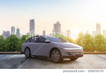 Ev car or electric vehicle park in town with cityscape background 100876570