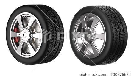 Black tire with metallic wheel isolated on white Black tire with metallic wheel isolated on white 100876623