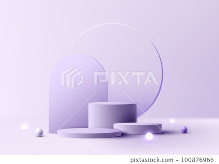 3D realistic empty studio room group of purple cylinder podium stand transparency glass circle backdrop 100876966