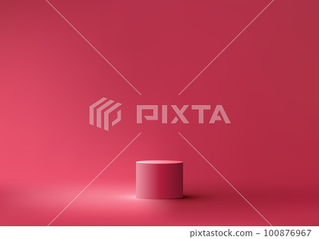 3D realistic red podium stand on minimal wall scene red background 100876967