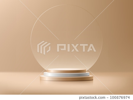 Abstract modern luxury product display. 3D golden and white steps stair winner podium stand with circle transparent glass backdrop 100876974