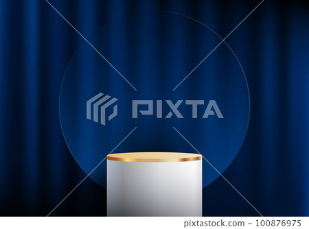 3D realistic luxury style white and golden podium stand with circle transparent glass on blue curtain backdrop 100876975
