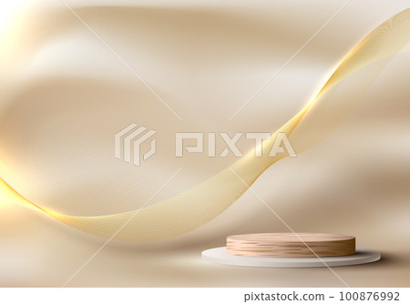 3D realistic modern luxury wood podium stand with abstract golden wave lines and lighting effect on fabric satin beige color background 3D realistic modern luxury wood podium stand with abstract golden wave lines and lighting effect on fabric satin beige color background 100876992