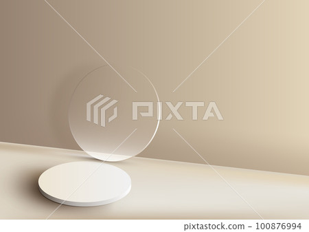 3D realistic white podium platform stand with circle transparent glass minimal wall scene on beige background 3D realistic white podium platform stand with circle transparent glass minimal wall scene on beige background 100876994