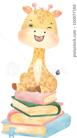 cute happy giraffe kid animal back to school with bag and books, children watercolour illustration cute happy giraffe kid animal back to school with bag and books, children watercolour illustration 100877168