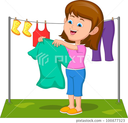 cute girl drying clothes cartoon 100877323