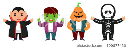 Halloween character vector set. Kids cartoon wearing Halloween costumes. Halloween character vector set. Kids cartoon wearing Halloween costumes. 100877430