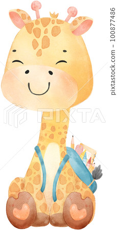 cute happy giraffe kid animal back to school with bag and books, children watercolour illustration 100877486