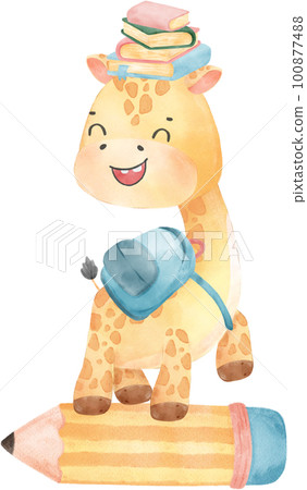 cute happy giraffe kid animal back to school with bag and books, children watercolour illustration 100877488