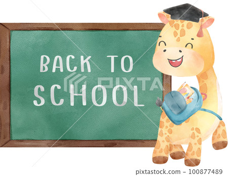 cute happy giraffe kid animal back to school with bag and books, children watercolour illustration 100877489