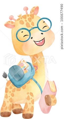 cute happy giraffe kid animal back to school with bag and books, children watercolour illustration 100877490