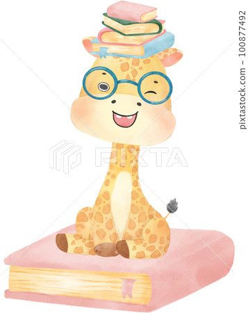 cute happy giraffe kid animal back to school with bag and books, children watercolour illustration 100877492