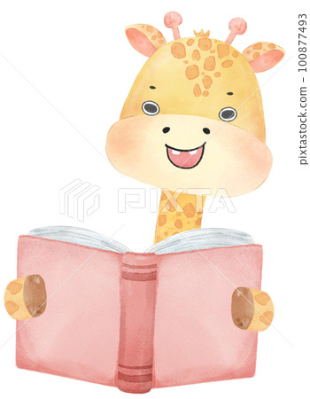 cute happy giraffe kid animal back to school with bag and books, children watercolour illustration cute happy giraffe kid animal back to school with bag and books, children watercolour illustration 100877493