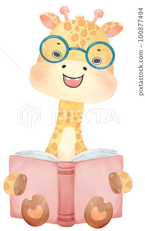 cute happy giraffe kid animal back to school with bag and books, children watercolour illustration 100877494