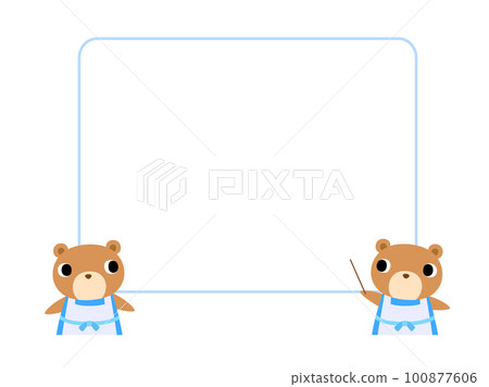 A bear in an apron who guides, a speech bubble, a square frame A bear in an apron who guides, a speech bubble, a square frame 100877606