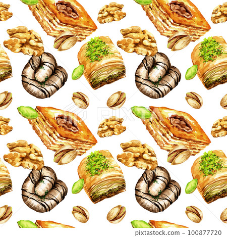 seamless pattern with oriental sweets, turkish sweets, hand-drawn sketch, watercolor illustration 100877720