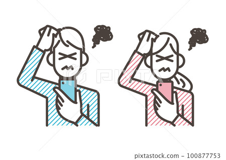 Young men and women who are disappointed, troubled, and worried about looking at their smartphones [People vector illustration material] 100877753