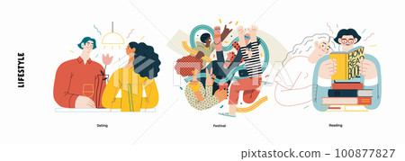 Lifestyle series - modern flat vector illustration of Dating, Musical festival, Reading books. People activities methapors and hobbies concept Lifestyle series - modern flat vector illustration of Dating, Musical festival, Reading books. People activities methapors and hobbies concept 100877827