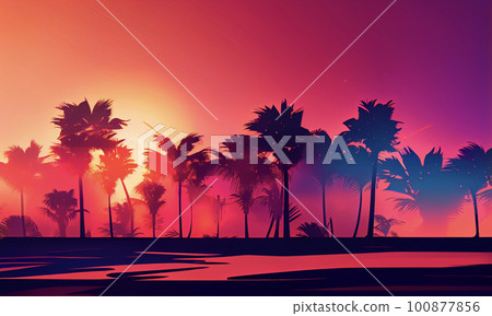 熱帶粉色漸變背景與棕櫚樹剪影 100877856