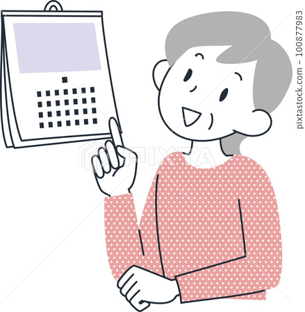 The upper body of a senior woman who checks the date by looking at the calendar The upper body of a senior woman who checks the date by looking at the calendar 100877983