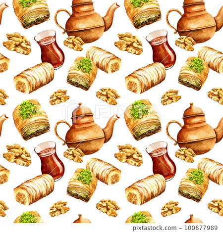 seamless pattern with oriental sweets and teapot, turkish sweets, hand-drawn sketch, watercolor illustration seamless pattern with oriental sweets and teapot, turkish sweets, hand-drawn sketch, watercolor illustration 100877989