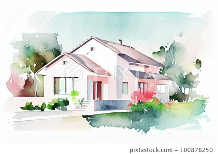 Image material: Watercolor illustration of a modern detached house 100878250