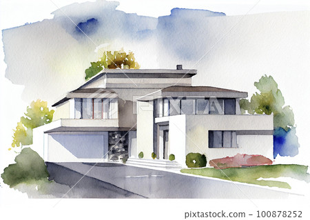 Image material: Watercolor illustration of a modern detached house Image material: Watercolor illustration of a modern detached house 100878252