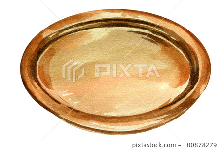 watercolor illustration of traditional arabic metal cooper tray, plate isolated on white background 100878279
