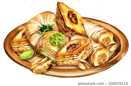 watercolor oriental sweets on metal copper tray, illustration of traditional turkish sweets, baklava with honey and nuts, hand drawn sketch watercolor oriental sweets on metal copper tray, illustration of traditional turkish sweets, baklava with honey and nuts, hand drawn sketch 100878318