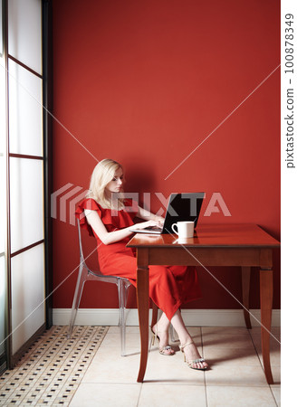 Beautiful young adult woman wearing red jumpsuit and working laptop Beautiful young adult woman wearing red jumpsuit and working laptop 100878349