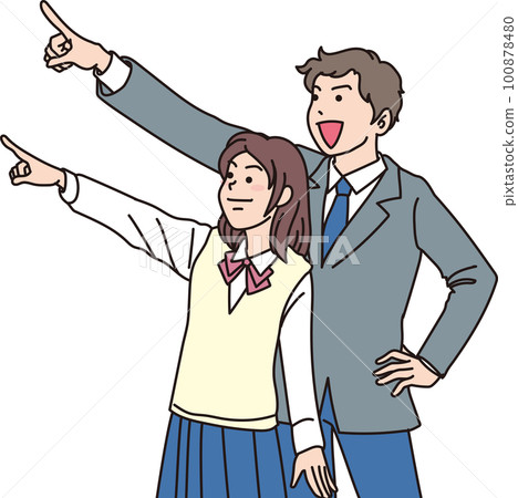 Aiming _ pointing _ student _ sharp expression _ two men and women pointing to the upper left Aiming _ pointing _ student _ sharp expression _ two men and women pointing to the upper left 100878480