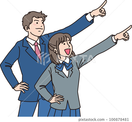 Aiming _ pointing _ student _ sharp expression _ two men and women pointing to the upper right Aiming _ pointing _ student _ sharp expression _ two men and women pointing to the upper right 100878481