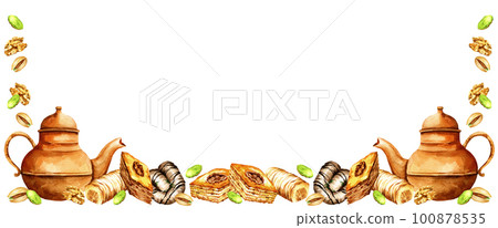 watercolor border with teapot, oriental sweets, illustration of traditional turkish sweets, baklava with honey and nuts, hand drawn sketch watercolor border with teapot, oriental sweets, illustration of traditional turkish sweets, baklava with honey and nuts, hand drawn sketch 100878535