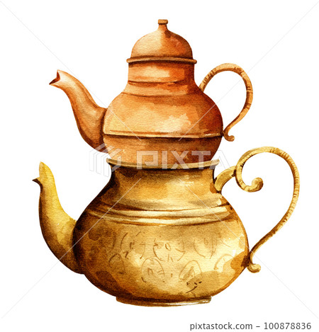 Taditional oriental teapot, two copper turkish teapots, oriental tea drinking on white background Taditional oriental teapot, two copper turkish teapots, oriental tea drinking on white background 100878836