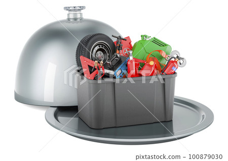 Restaurant cloche with plastic box full of car tools, equipment and accessories. 3D rendering 100879030