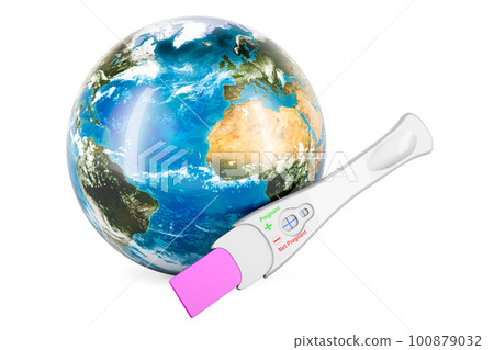 Pregnancy test positive with Earth Globe, 3D rendering 100879032
