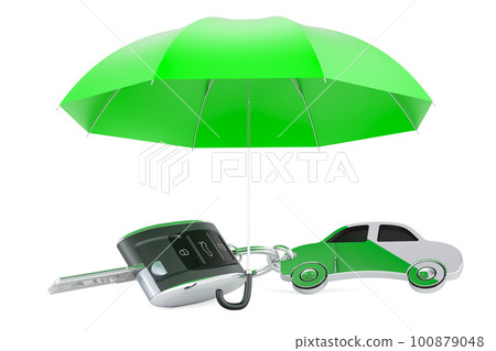 Car key with car shape metal keychain under umbrella. 3D rendering 100879048