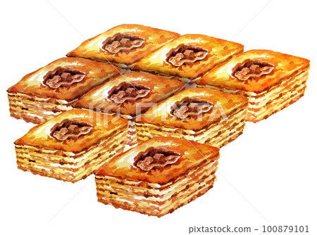group of watercolor oriental sweets, illustration of traditional turkish sweets, baklava with honey and nuts, hand drawn sketch group of watercolor oriental sweets, illustration of traditional turkish sweets, baklava with honey and nuts, hand drawn sketch 100879101