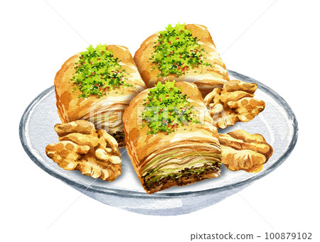 watercolor oriental sweets on a glass tea saucer, illustration of traditional turkish sweets, baklava with honey and nuts, hand drawn sketch 100879102