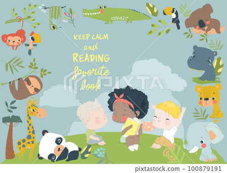 Happy Children reading Book with Cartoon Animal 100879191