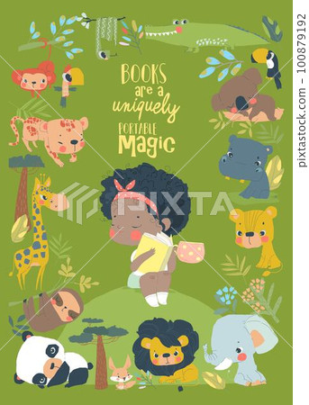 Little Girl reading Book with Cartoon Animal Little Girl reading Book with Cartoon Animal 100879192