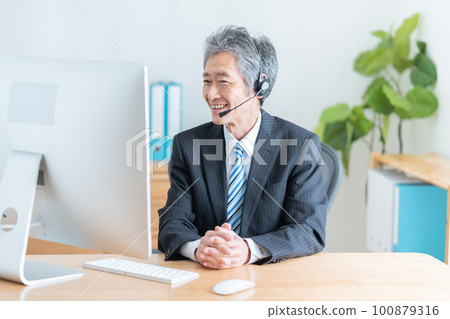 Senior businessman having a remote meeting Senior businessman having a remote meeting 100879316
