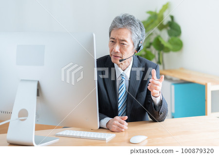 舉行遠程會議的高級商人 100879320