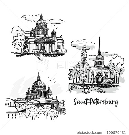 A set of views of St. Petersburg Russia. Graphic sketches. Black and white architecture graphics 100879481