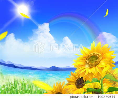 Sunflowers and rainbows blooming under the blue sky of the thunderheads of the sun-Summer image illustration material of the flickering waves of the sea 100879614