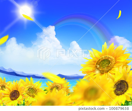 Sunflowers and rainbows blooming under the blue sky of the thunderheads of the sun-Summer image illustration material of the flickering waves of the sea 100879638
