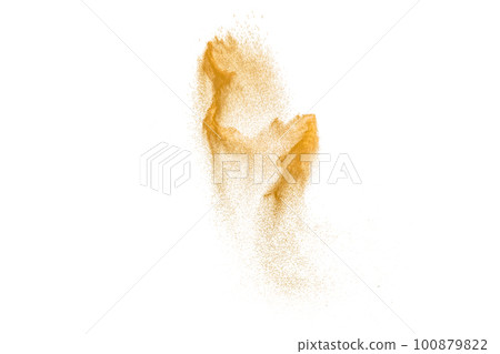 Brown sand explosion isolated on white background. Abstract sand cloud backdrop. Brown sand explosion isolated on white background. Abstract sand cloud backdrop. 100879822