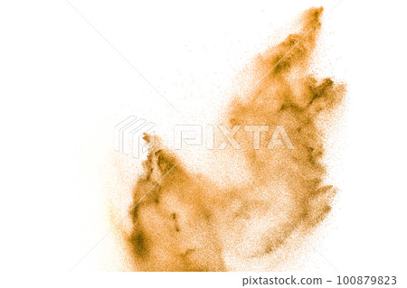 Brown sand explosion isolated on white background. Abstract sand cloud backdrop. 100879823