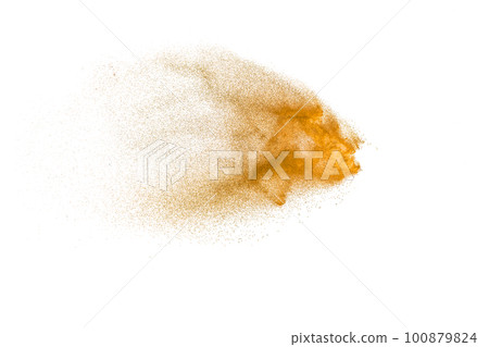 Brown sand explosion isolated on white background. Abstract sand cloud backdrop. Brown sand explosion isolated on white background. Abstract sand cloud backdrop. 100879824