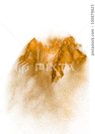 Brown sand explosion isolated on white background. Abstract sand cloud backdrop. Brown sand explosion isolated on white background. Abstract sand cloud backdrop. 100879825